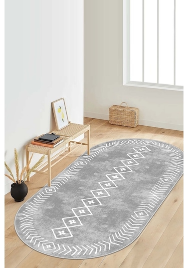 West Home Dijital Baskı Yıkanabilir Kaymaz Taban Oval Mutfak Halısı Salon Halısı Ve Yolluk Wh 375 Grey Oval