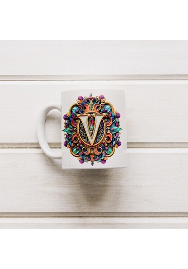 V Harfi Boho Bardak, Renkli Özel Tasarım Hediyelik Harfli Kupa, 330ml Porselen Beyaz