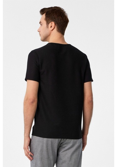 Siyah Slim Fit Armürlü Bisiklet Yaka Tişört-37262 Siyah