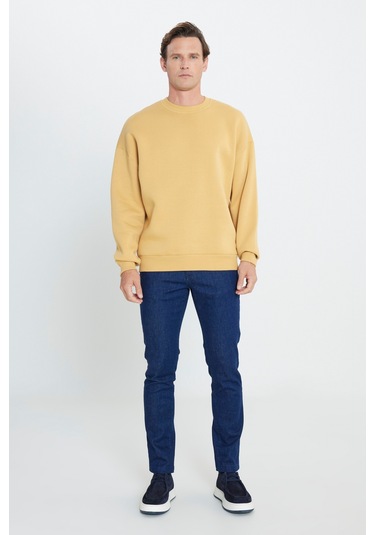 AC&Co / Altınyıldız Classics Erkek Hardal Oversize Fit Bol Kesim Pamuklu İçi Polarlı Bisiklet Yaka Sweatshirt Hardal
