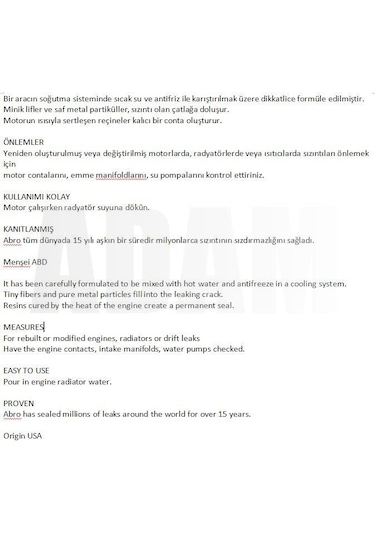 Radyatör Çatlak İlacı Sızıntı Kaçak Giderici Toz Usa Abro