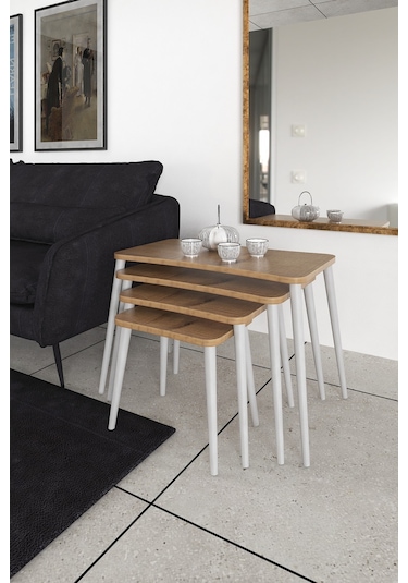 Selen 4lü Zigon Sehpa Ahşap Beyaz Ayaklı Salon Seti Çay Sehpası Ceviz