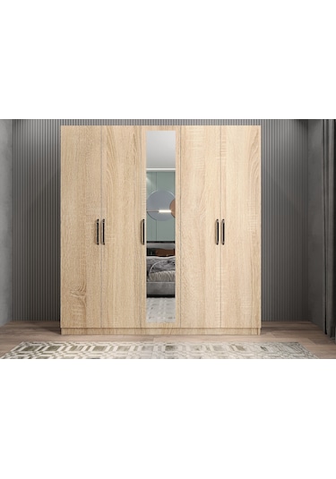 Kristal 5 Kapaklı Dolap Gardırop Meşe - Ücretsiz Kurulum
