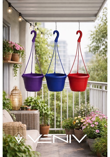 3 Adet Askılı Dekoratif Saksı - Askılar Dahil- 18 Cm X 12 Cm