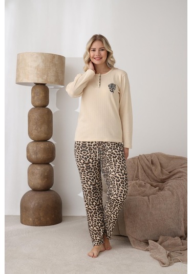 Lindros Kadın Pamuk'lu Düğme Yaka Raporlu İnterlok Kışlık Pijama Takımı 06043 - 1 Adet Ekru