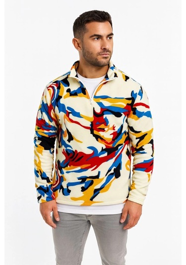 Erkek Yarım Fermuarlı Desenli Polar Sweat - Renkli Abstract Desen Yakalı, Uzun Kollu, Oversize Rahat Kalıp, - Beyaz Siyah