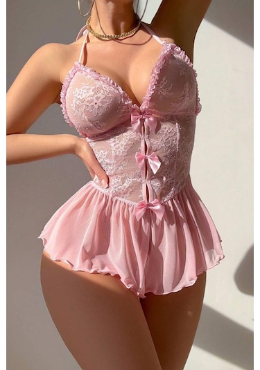 Bella Notte Tek Parça Toz Pembe Fiyonk Ve Fırfır Detaylı Gecelik
