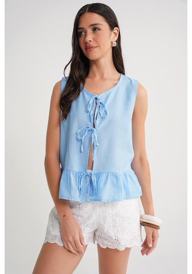 4717 Kadın Önü Bağcıklı Fırfırlı Kolsuz Keten Bluz Mavi Mavi
