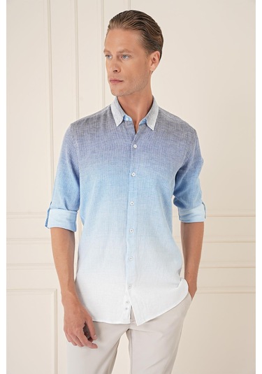 Comfort Fit Apoletli Degrade Desen Esnek Pamuk Mavi Gömlek G 1575 Mavi