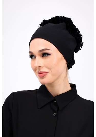 Kaymayan Fırfırlı Siyah Silikonlu Dikişsiz Kaymaz Bone Kadın Tesettür Bağlamalı Iç Bone Siyah