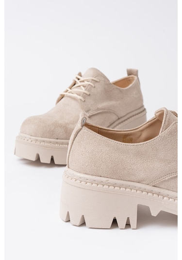 868-754 Bej Süet Bağcıklı Günlük Yüksek Tabanlı Loafer Ayakkabı Bej
