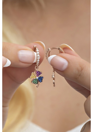 Nereze 925 Ayar Gümüş 10 MM Sallantılı Mix Taşlı Yoncaküpe