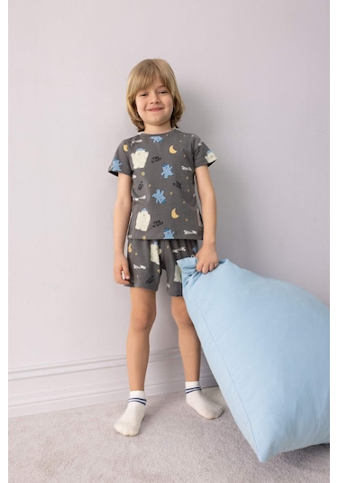 DeFacto Erkek Bebek Pijama Takımı Desenli Kısa Kollu Penye Üst Beli Lastikli Şort E1180A525HSGR310 Gri