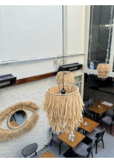 Maison Avf Büyük Püsküllü Rafya Hasır El Yapımı Bohem Tasarım Sarkıt Avize 3 Adet Bambu