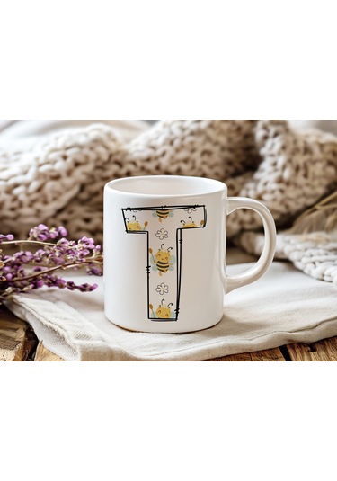 T Harfi Arı Desenli Kupa - Sevimli Hayvan Temalı Kişiye Özel Kahve Kupası - Şans Kupası Beyaz