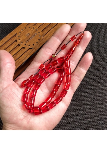 İmzalı 7X11 mm Kırmızı Ateşi Kehribar Tesbih Usta İşçilikli