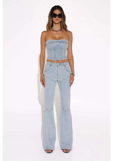 American Rag Cie Leon Jeans: Yüksek Bel, Boot Cut, %100 Pamuk, Moda Pantolon Açık Mavi