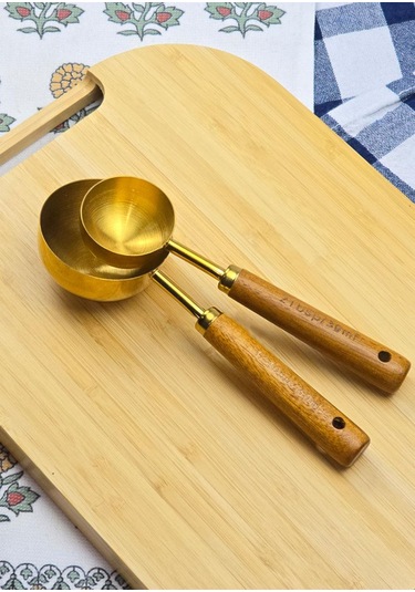 Ahşap Saplı Gold Ölçü Kaşığı Takımı - 2'li Kahve Ölçüm Kaşığı - 30 + 60 Ml Ahşap