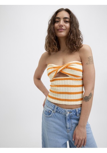 Jack & Jones Kadın Çizgili Straplez Bluz - Linnea - 12277369 Persimmon Orange