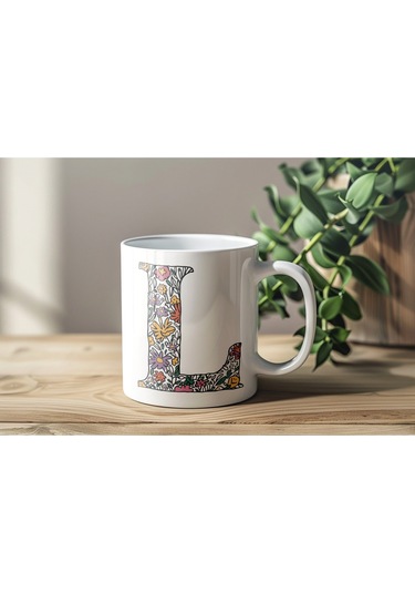 L Baş Harf Çiçek Desenleri İle Natural Tarz Kupa Bardak - Kişiye Özel Çiçekli Kahve Çay Bardak - Beyaz