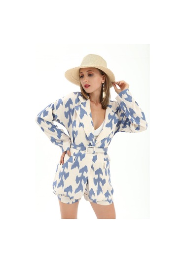 Kemerli Desenli Oversize Blazer Ceket - Mavi-mavi Mavi