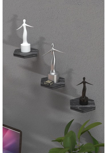 Duvar Rafı Dekoratif 3 Adet Çiçeklik Altıgen Siyah Mermer Desen