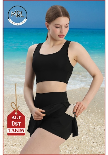 Kadın Siyah Etekli Şortlu Mayo Takım Göğüs Pedli Yüksek Bel Toparlayıcı Büyük Beden Uyumlu Tk3107 Siyah