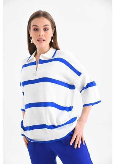 Polo Yaka Fermuarlı Çizgili Salaş Mevsimlik Trko Kazak Saks Saks Mavisi