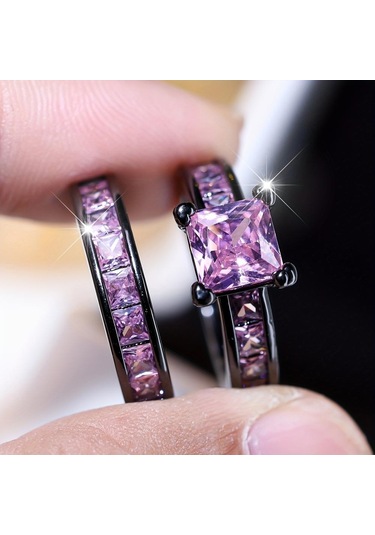 Siyah&mor 2 Adet Zarif İstifleme Yüzükler Kare Mor Pembe Beyaz Zirkon Taş Yüzükler Kadınlar İçin Set Düğün Parti Parmak Takı 12 Çok Renkli