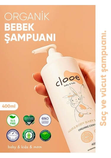 Clooe Organik Bebek & Çocuk Saç - Vücut Şampuanı 400 ML pH Dengeli Konak Önleyici