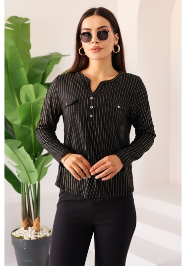 Lupinn Moda Kadın Siyah Simli /sim Parlak Çizgili Cep Detaylı Uzun Kollu Bluz Siyah