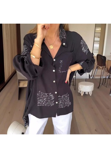 Kadın Yaz Baskılı Gevşek Günlük Smokin Gömlek Siyah