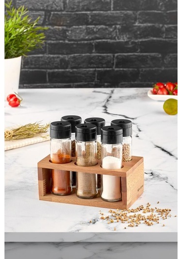 Ahşap Standlı 6'lı Cam Baharatlık Seti - Tuzluk Biberlik Baharatlık Şeffaf