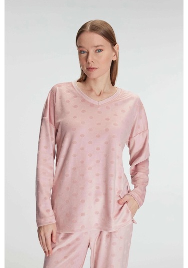 Uzun Kol V Yaka Sweatshirt Ve Pantolon Takım Pijama Takımı Gül