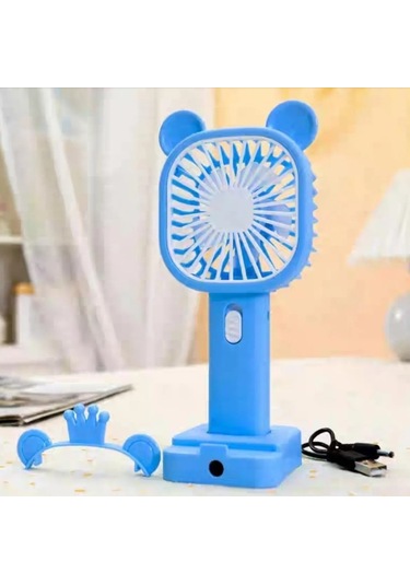 Şarj Edilebilir Fanlı Kulaklı Taçlı Kalemtraşlı Telefon Tutuculu Vantilatör - Mavi