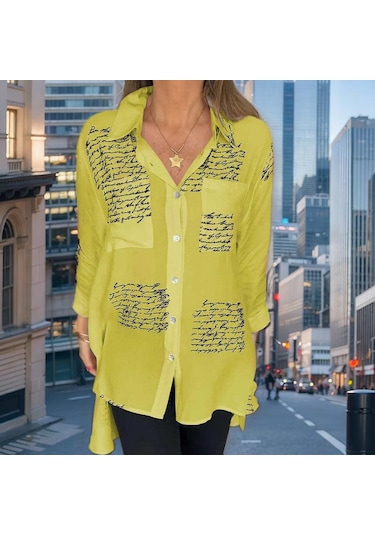 Kadın Yaz Baskılı Gevşek Günlük Smokin Gömlek Sarı
