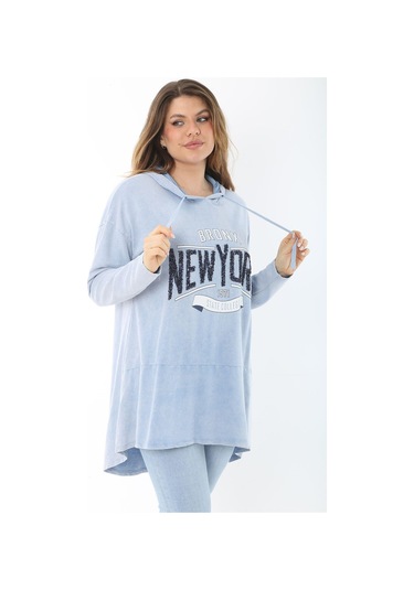 Kadın Büyük Beden Mavi Payet Detaylı Arkası Uzun Kapşonlu Sweatshirt 65n37463 - Mavi