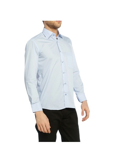 Mavi Klasik Kesim Uzun Kol Düz Renk Erkek Gömlek // 150-5 Mavi Beyaz Mavi - Beyaz