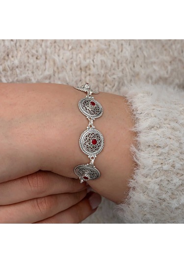 Artsmagazinmücevher Gümüş Telkari Yakut Taşlı Kadın Bileklik