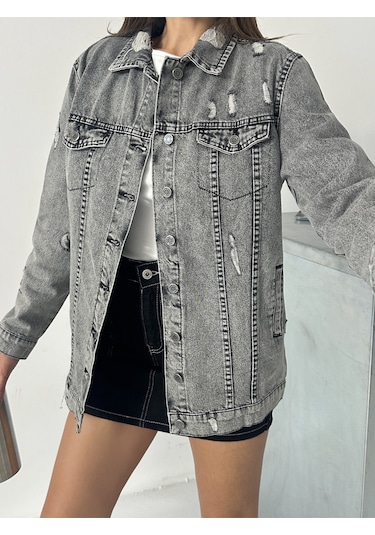 Blue Marlin Kadın Kar Siyah Lazer Yirtik Detayli Boyfriend Kot Ceket Gri