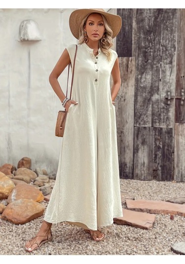 Ahes Shopping Kadın Kısa Kollu Önden Düğmeli Paçaya Doğru Geniş Cepli Uzun Bürümcük Tulum Bej