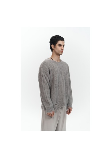 Vincent Yırtık Detay Boz Kahve Erkek Triko Kazak Kahverengi Melanj