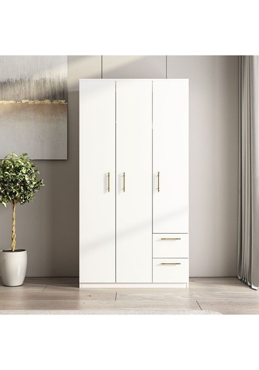 Merlin 3 Kapaklı, Çekmeceli, Raflı Gardırop, Yatak Odası Dolap, Elbise Dolabı İstanbul Ceviz - 172 Cm / Beyaz