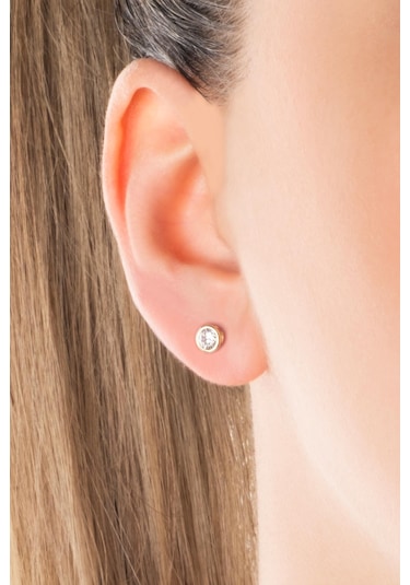 Beyaz Taşlı 18 Ayar Sarı Altın Kaplama Gümüş Tek Taş Küpe Altın Kaplama