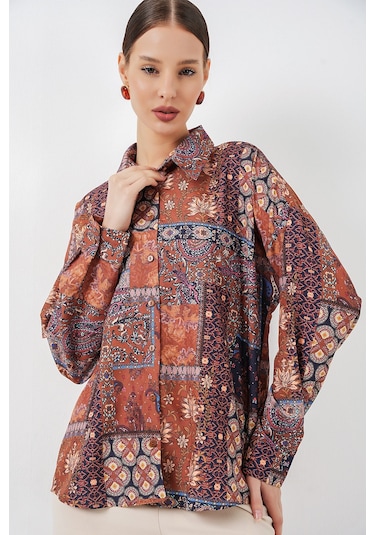 Bigdart Kadın Oversize Desenli Saten Gömlek 20365 - Kiremit KİREMİT