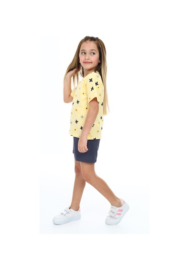 Toontoy Kız Çocuk Garni Komple Çiçek Baskılı Şortlu Takım Sarı