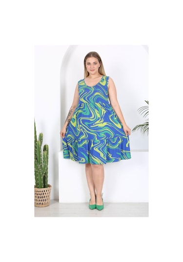 Kadın Mavi Yeşil Ebru Desen Büyük Beden Katlı Elbise Mavi