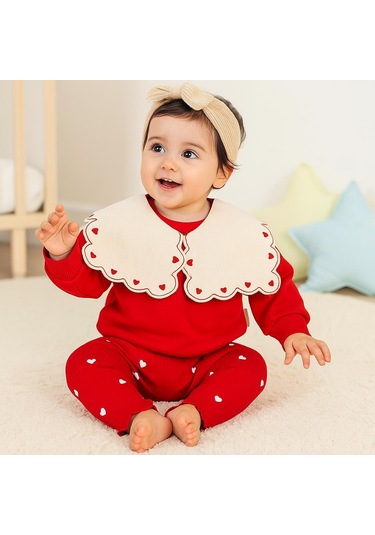 Kalp Nakış Dörtgen Yakalı Fitilli Tayt Mevsimlik 2 Parça Set Kırmızı