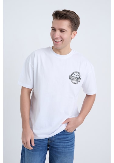 Erkek Oversize Baskılı T-shirt Beyaz Vintage Logo Beyaz