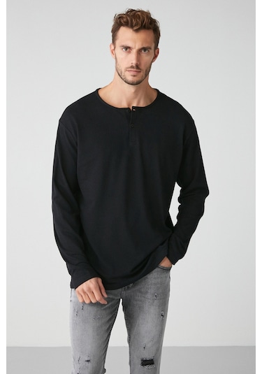 Lorenzo  Erkek Özel Rustik Dokulu %100 Organik Pamuk Düğme Detaylı Regular Siyah Sweatshirt